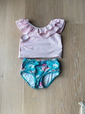 Ruffle Butts Pink Ruffle Tankini Top with Turquoise Floral Bottoms